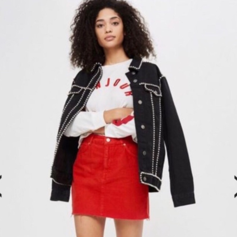 Topshop Petite Moto Red Denim Jean Skirt - Picture 2 of 7